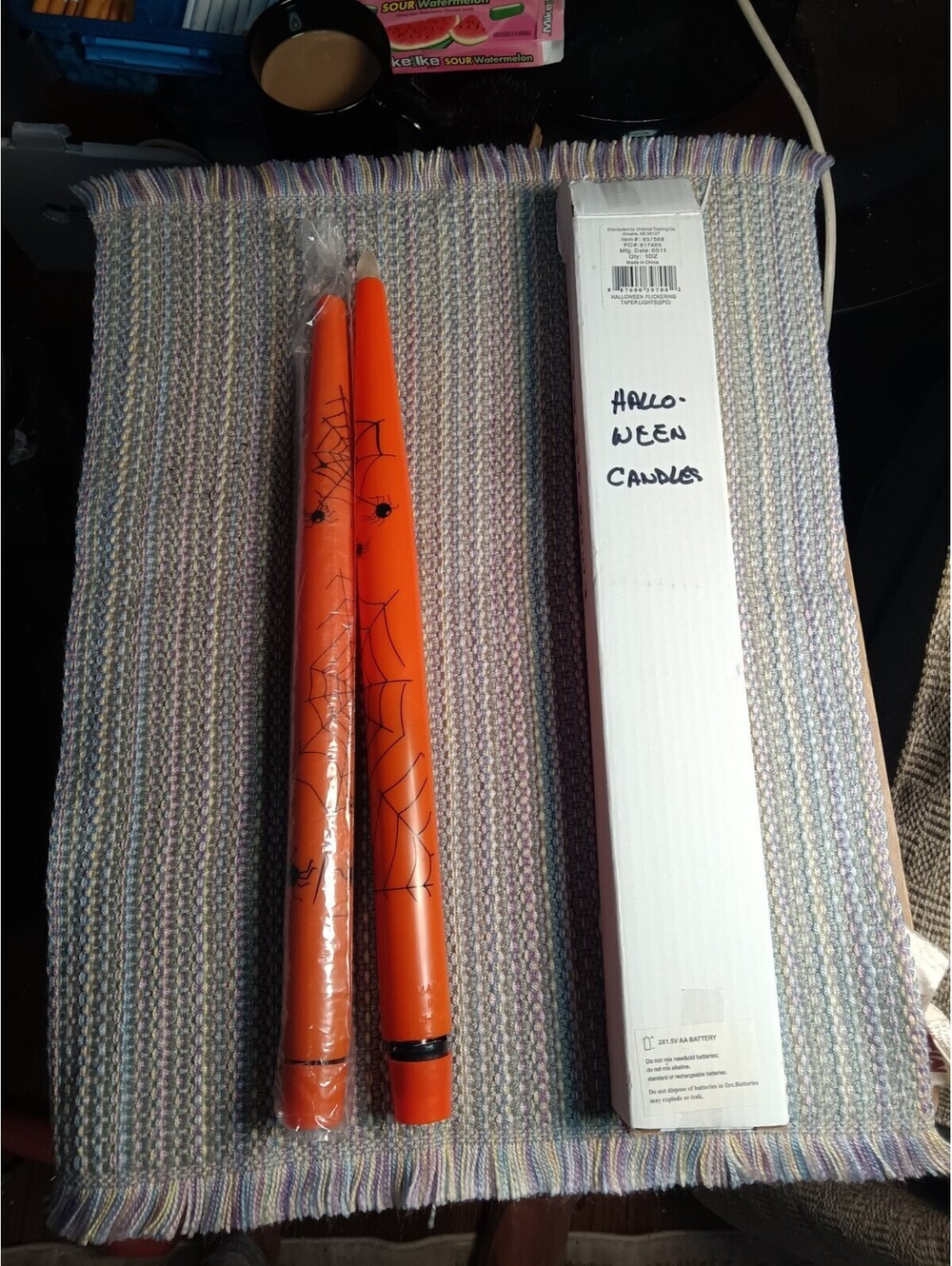 Halloween Flameless Taper Candles Orange Spiderweb LED Flickerin10" Set of 2 NIB